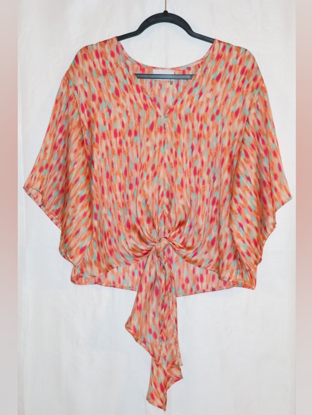 Adrienne Coral & Multicolored Tie-Front Dolman Gigi Blouse.